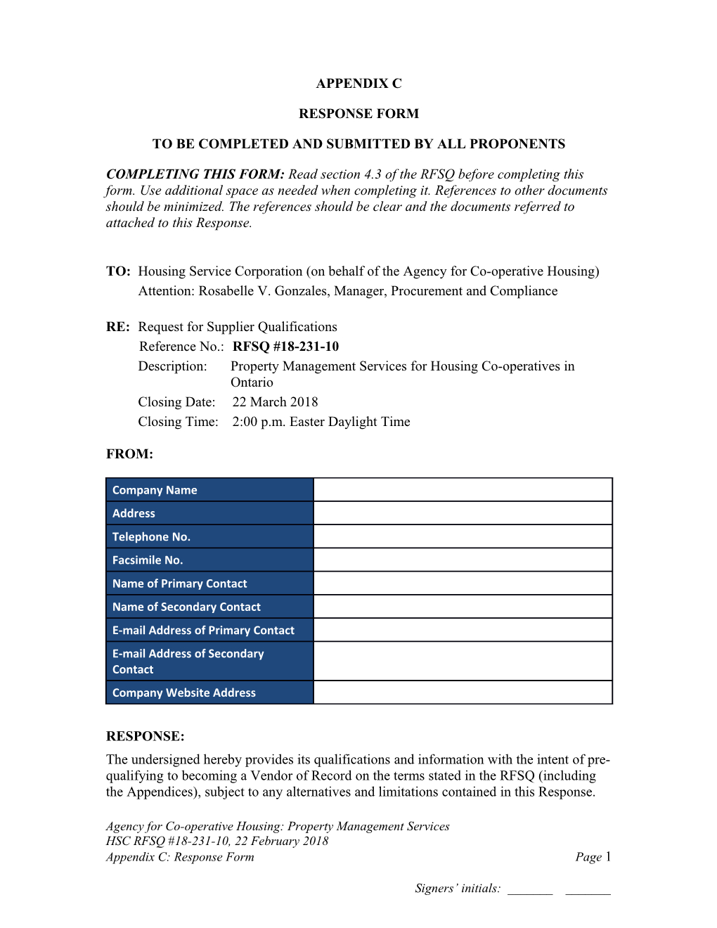 RFSQ Appendix C Response Form 17 Dec 2013