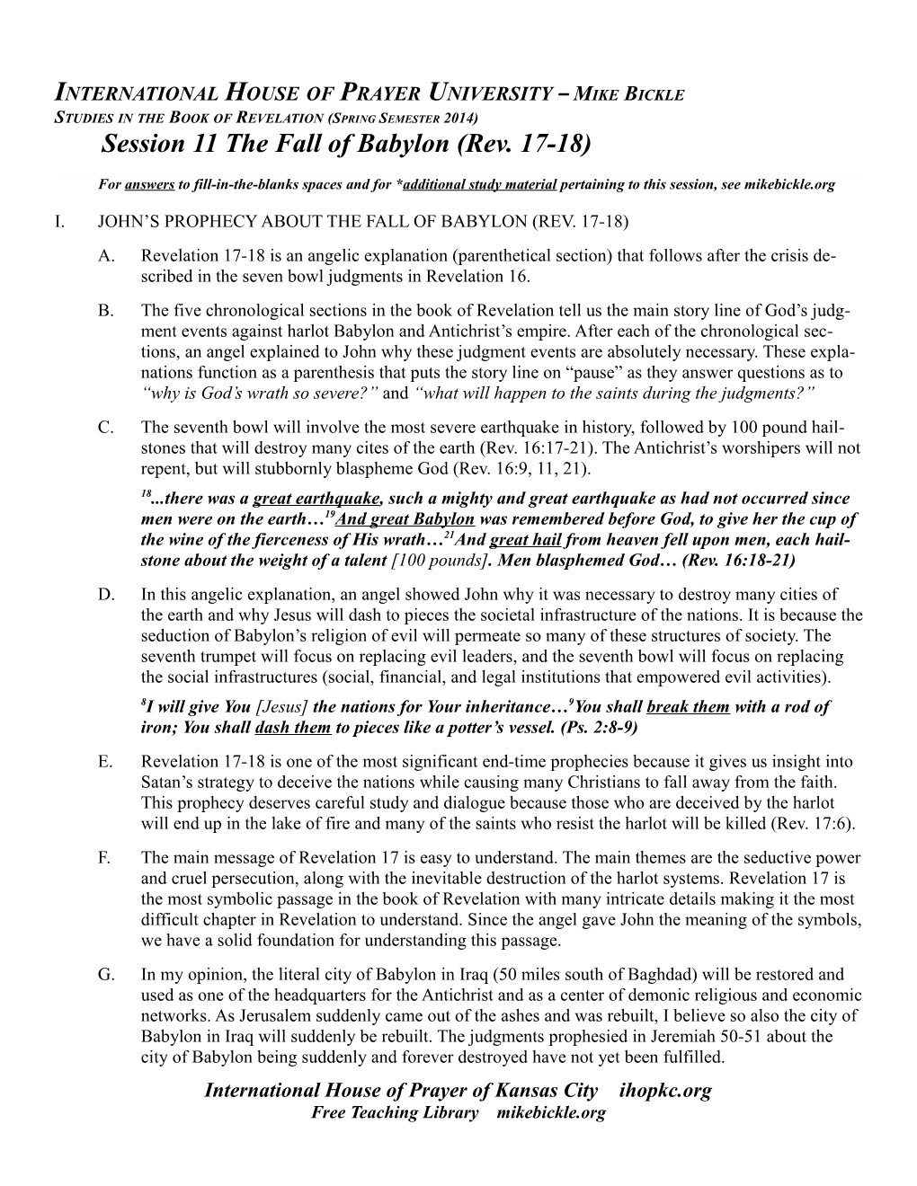 Studies in the Book of Revelation Mike Bickle Session 11 the Fall of Babylon (Rev. 17-18)Page