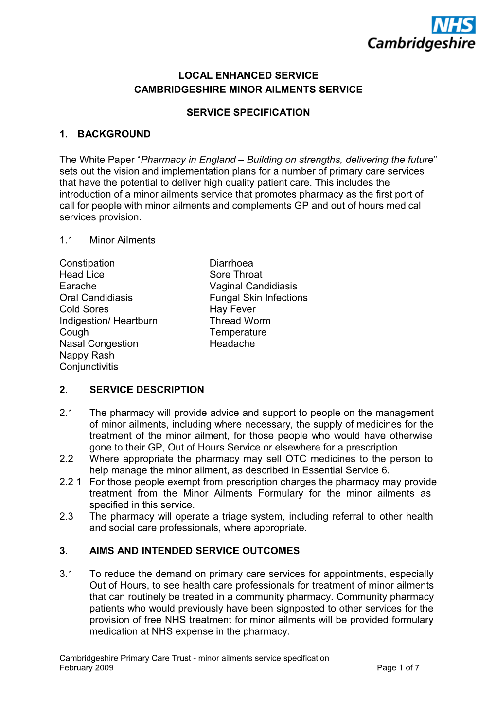 Cambridgeshire Minor Ailments Service