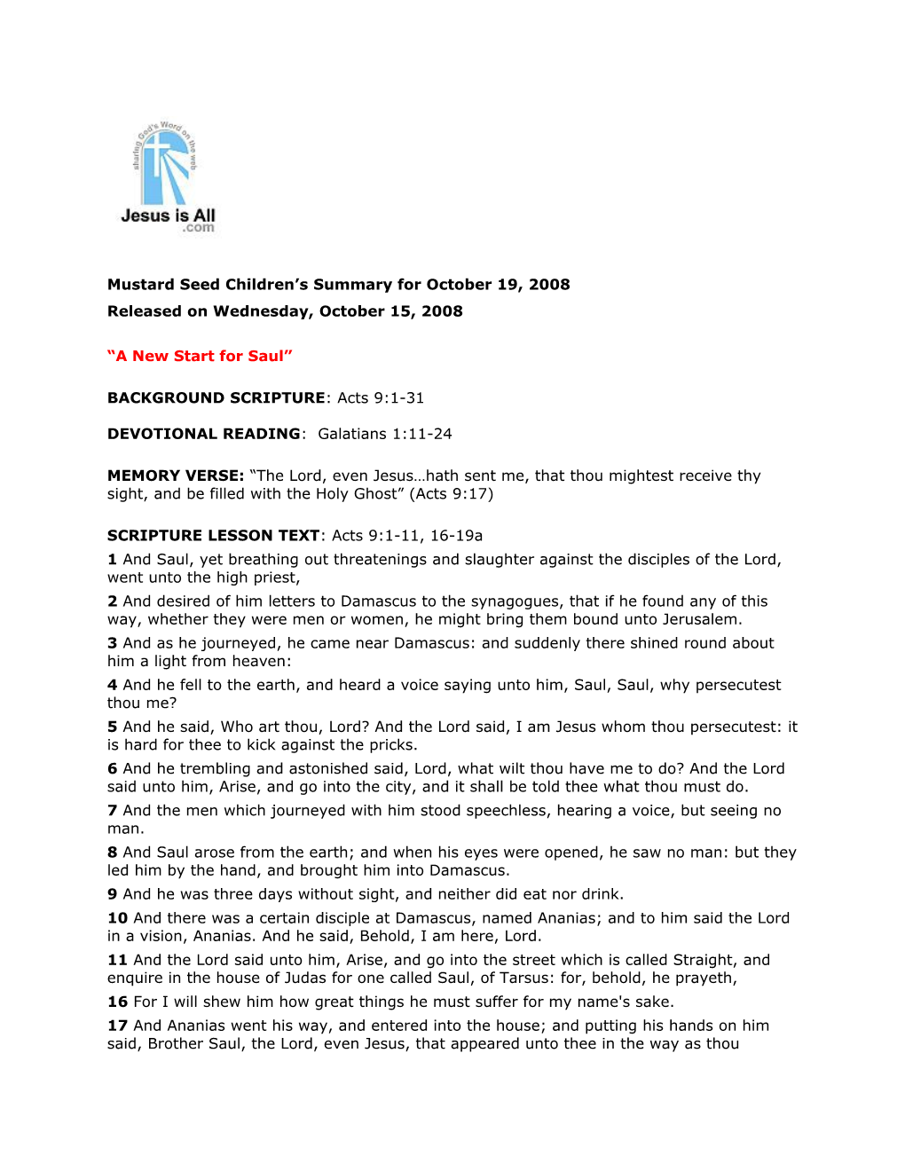 Adult Sunday School Lesson Summary for 28 September 2008