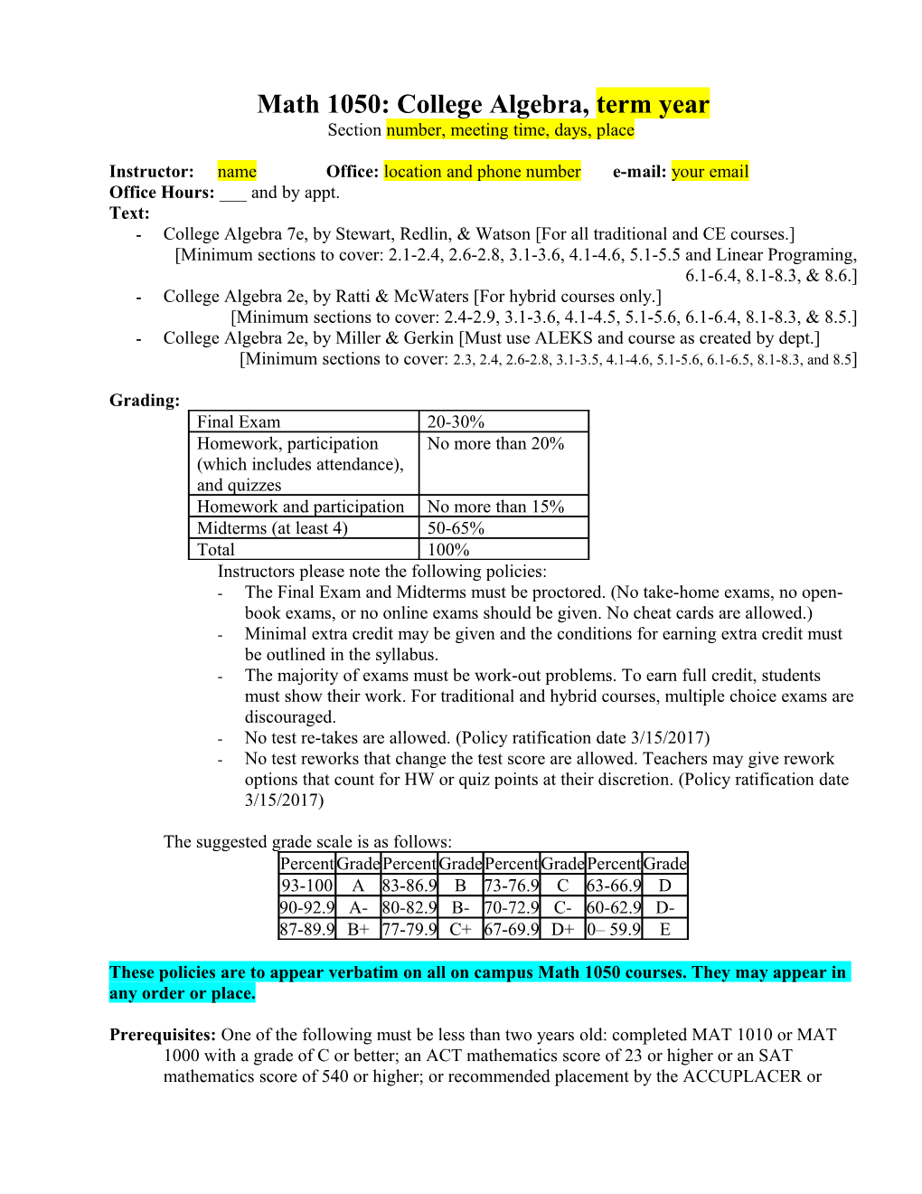 Math 1050: College Algebra, Term Year