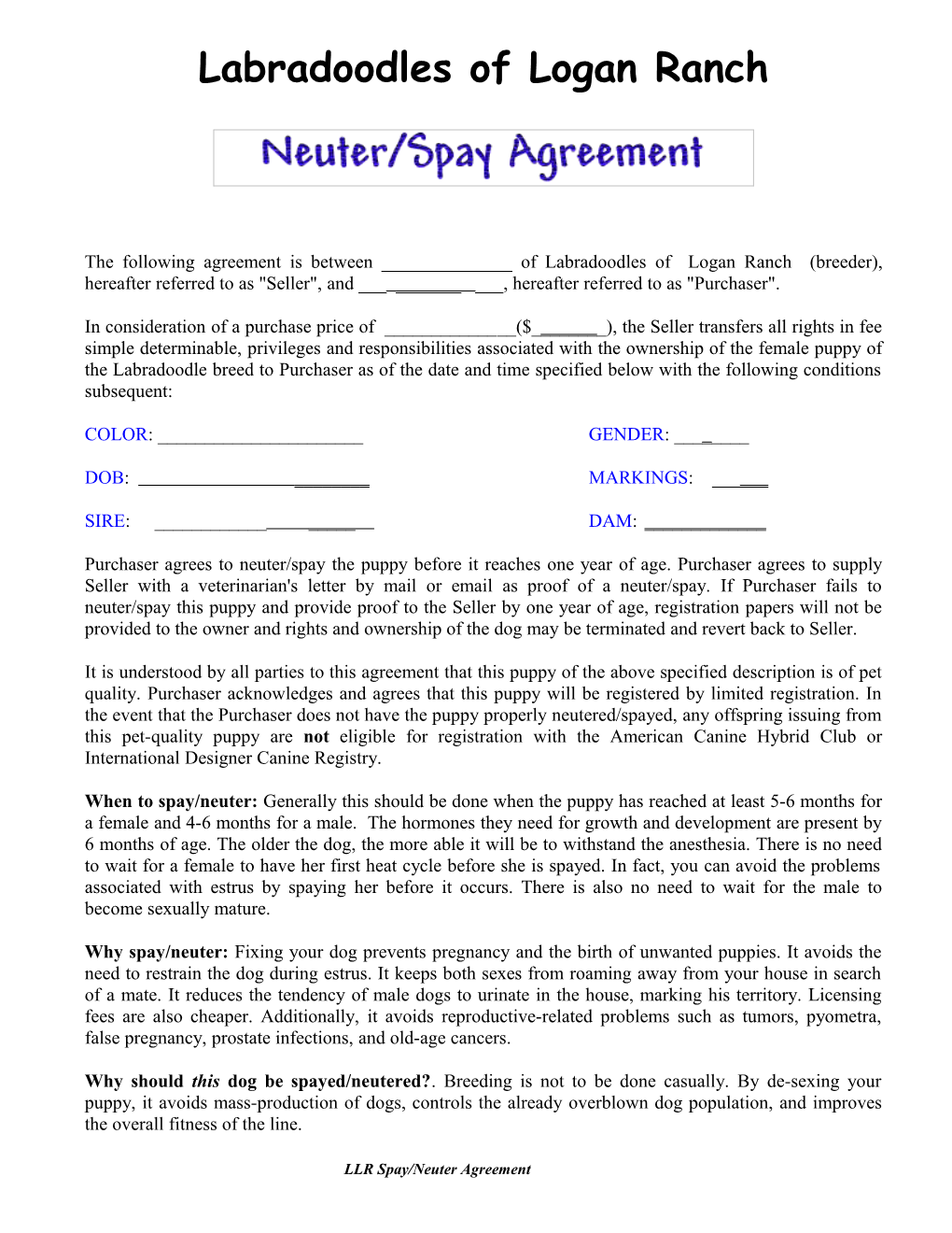 The Following Agreement Is Between ______Of Labradoodles of Logan Ranch (Breeder), Hereafter