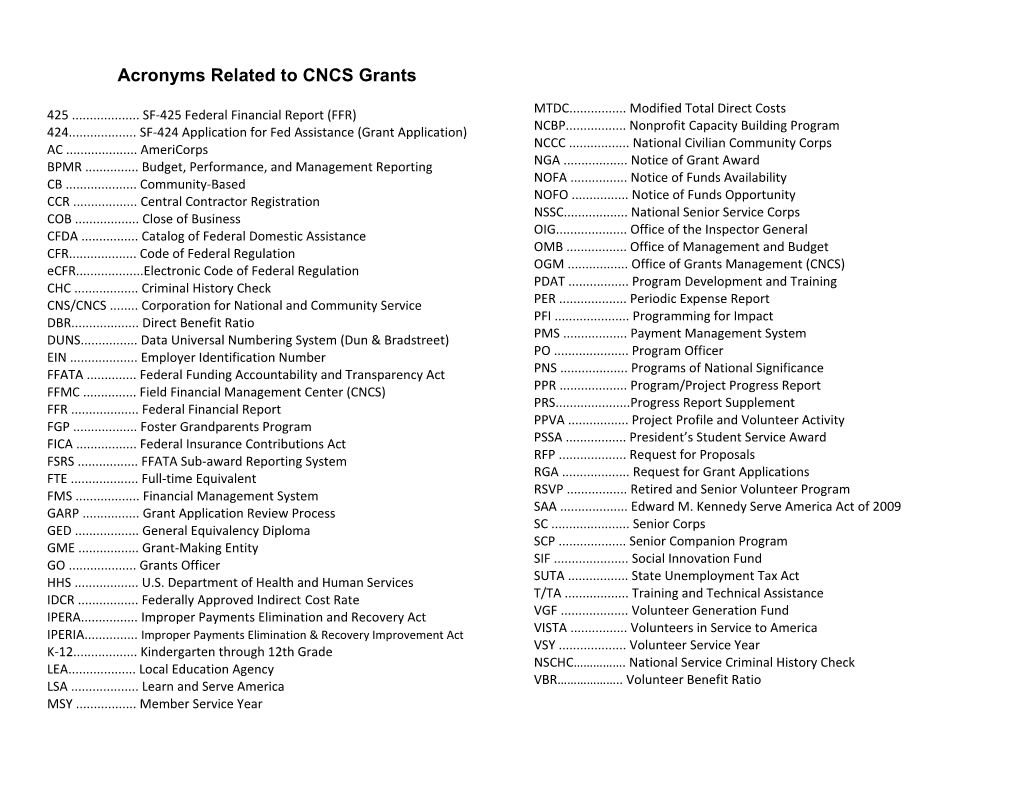 Acronyms Related to CNCS Grants