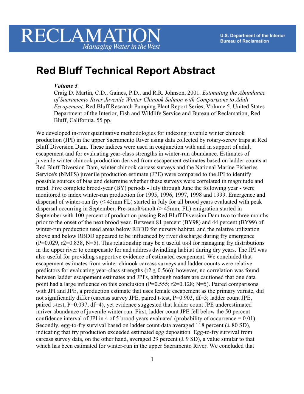 Red Bluff Technical Report Abstract, Volume 5