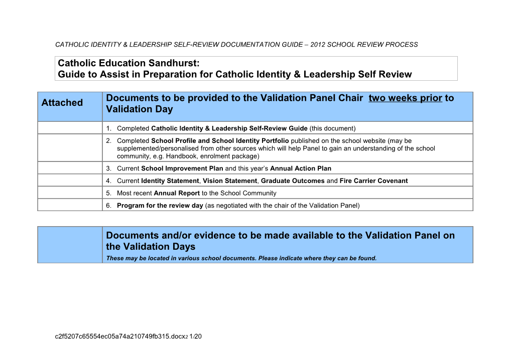 Catholic Education Sandhurst: Guide to Assist in Preparation for Whole School Review P - 12