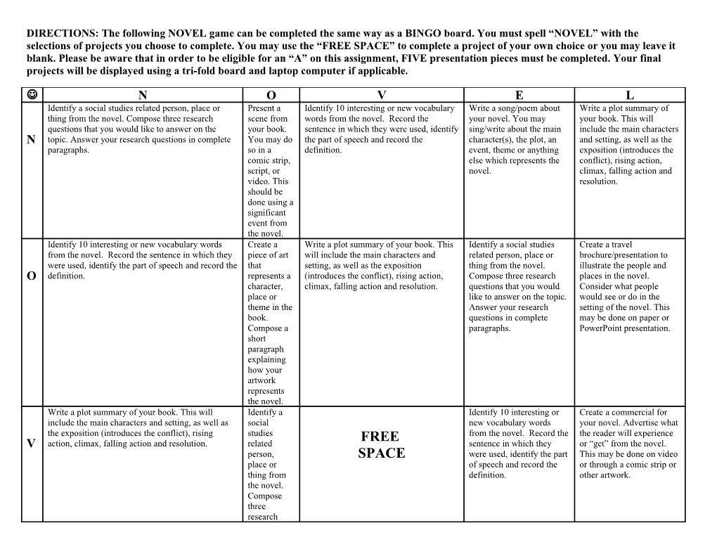 DIRECTIONS: the Following NOVEL Game Can Be Completed the Same Way As a BINGO Board