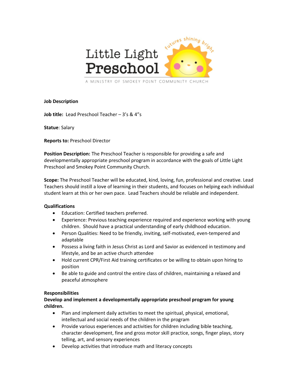 Job Title: Lead Preschool Teacher 3 S & 4 S