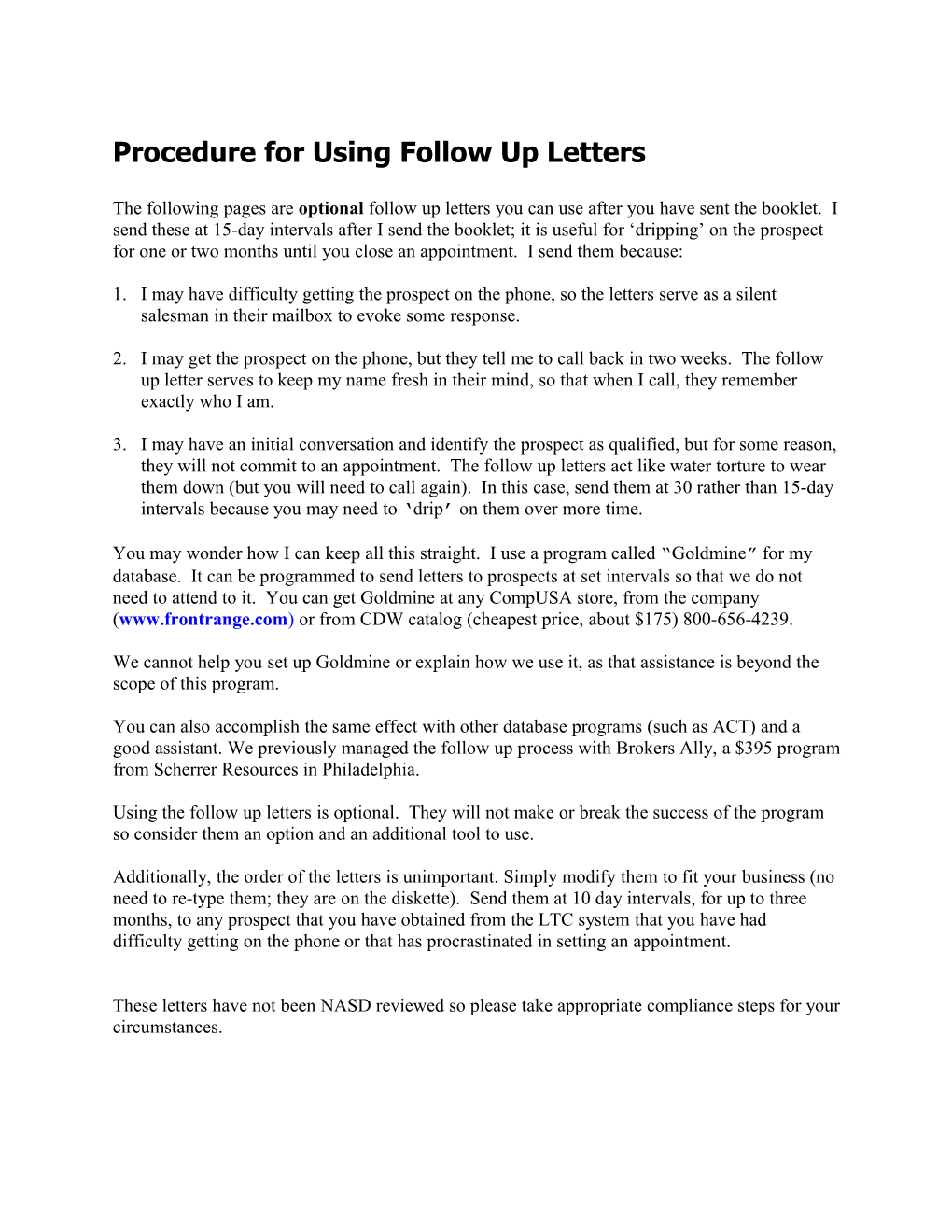Procedure for Using Follow up Letters