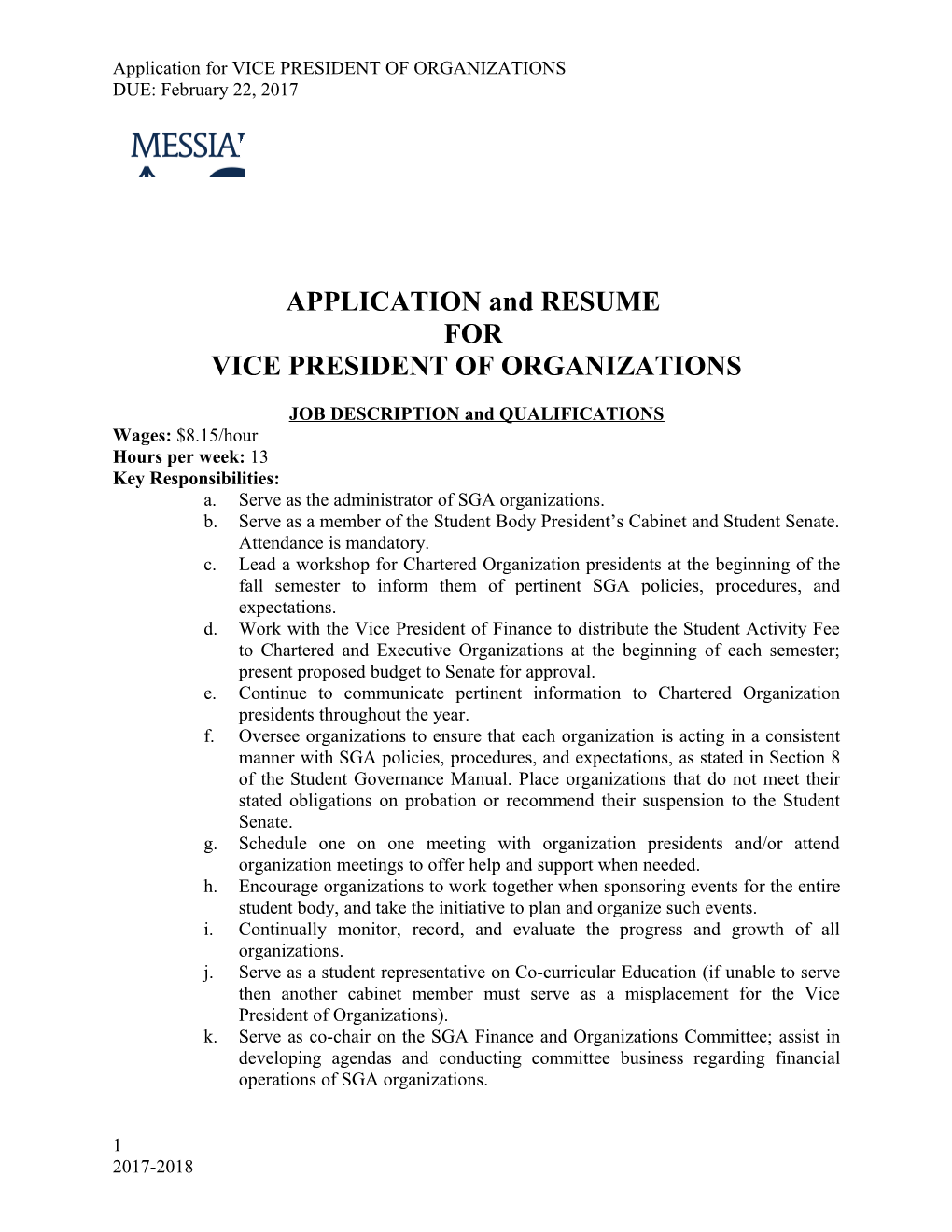 Application for VICE PRESIDENT of ORGANIZATIONS