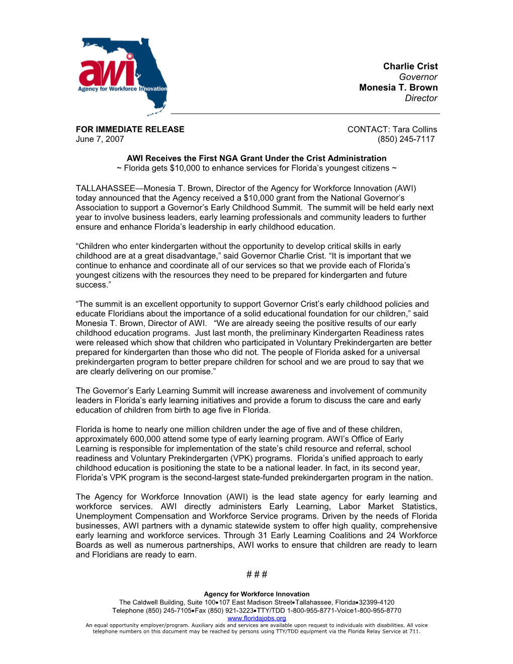 AWI Receives the First NGA Grant Under the Crist Administration