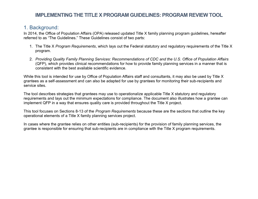 Implementing the Title X Program Guidelines: Program Review Tool