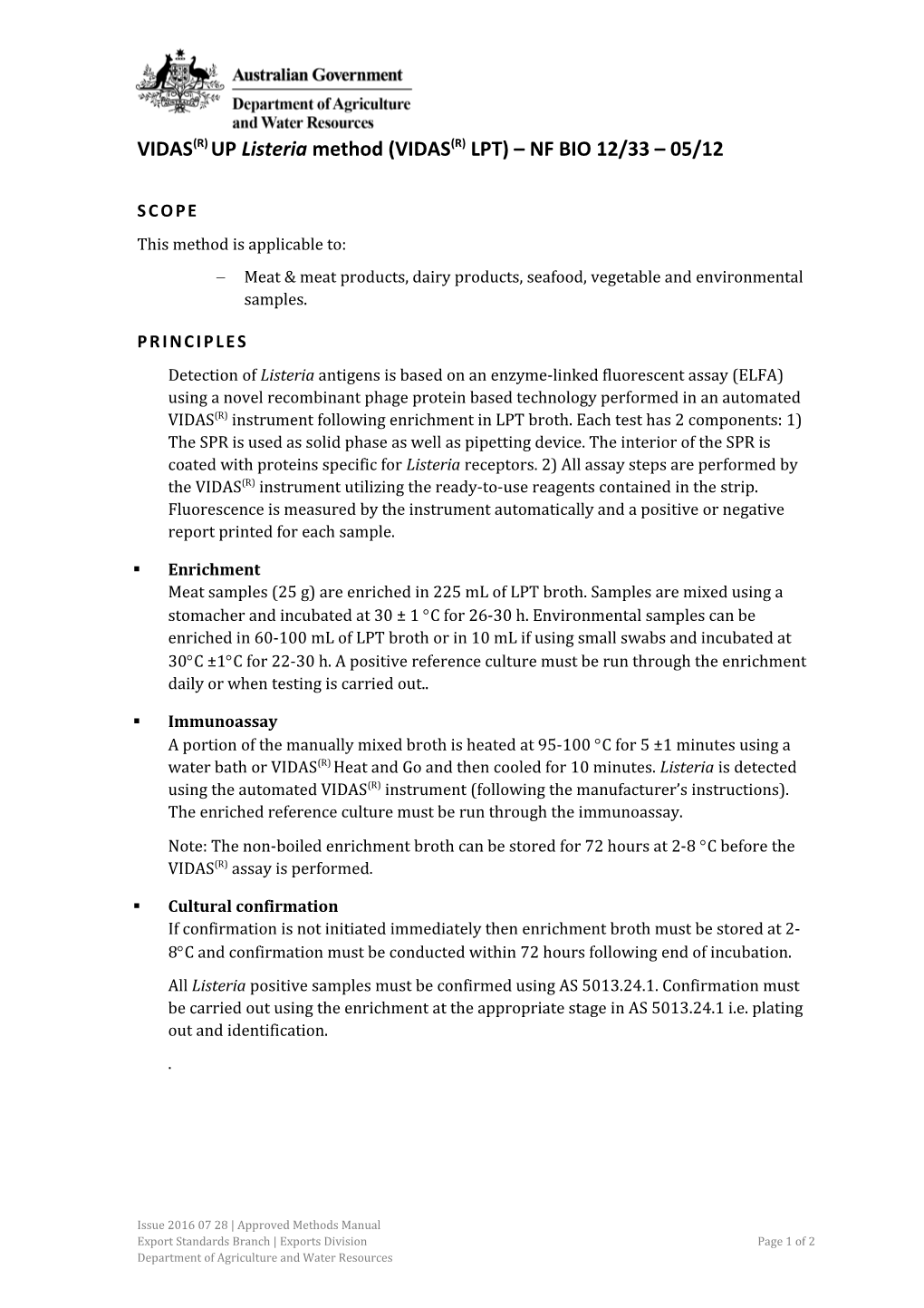 VIDAS(R) up Listeria Method (VIDAS(R) LPT) NF BIO 12/33 05/12