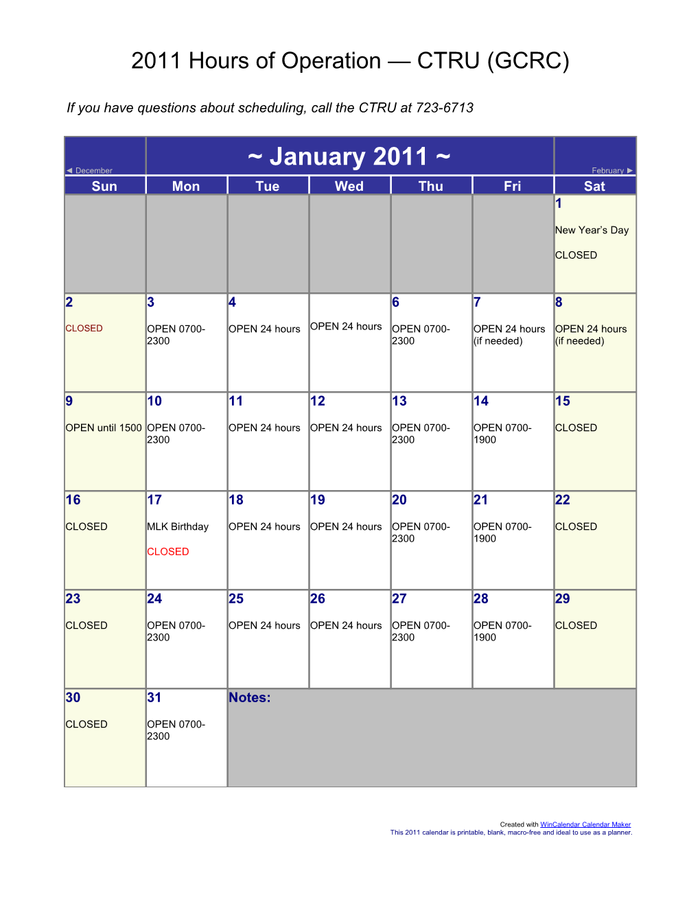 2011 Full Year Calendar