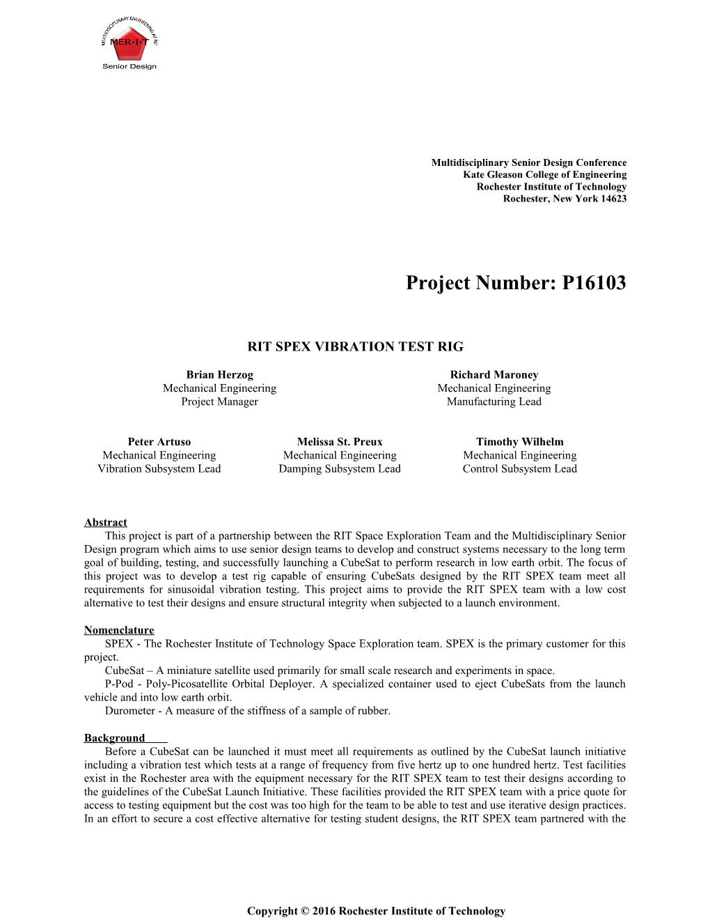 P16103 SPEX Vibration Test Rig Page 1