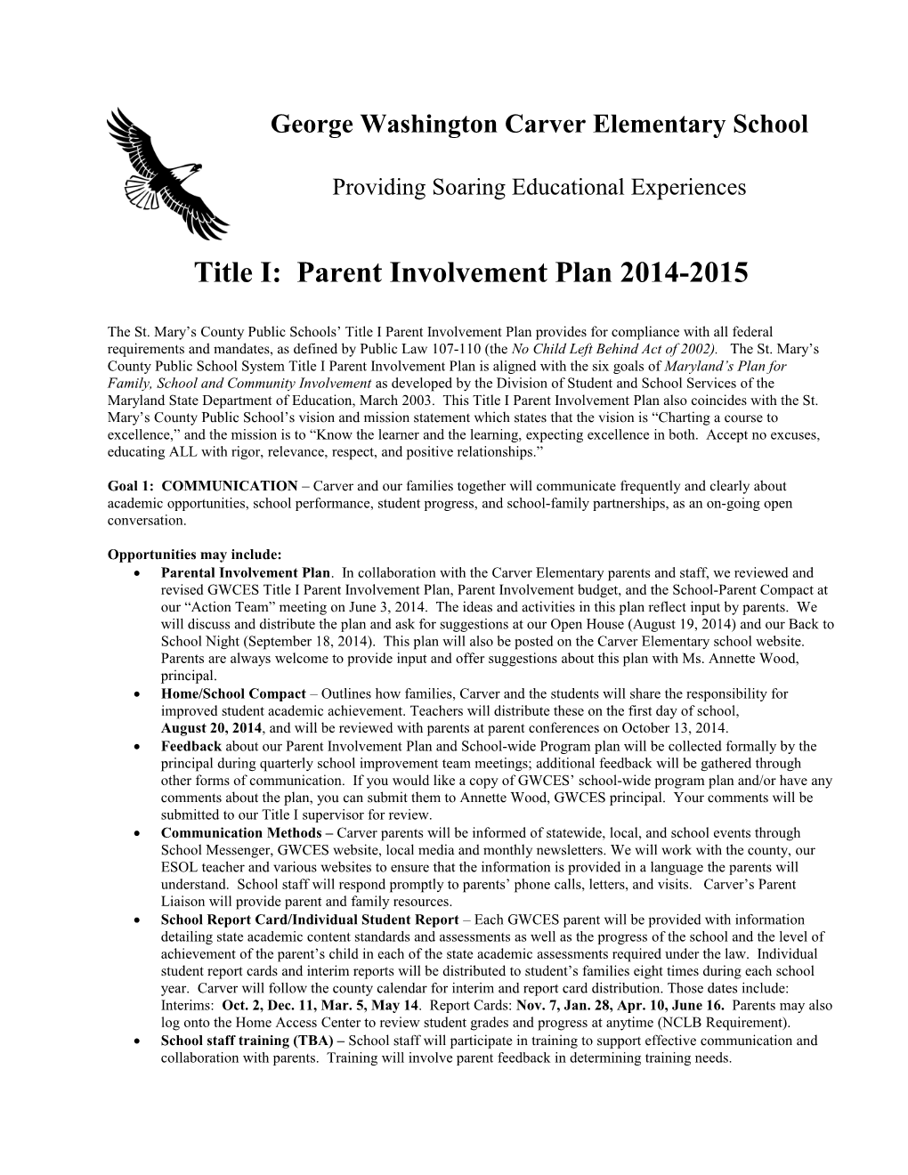 Title I: Parent Involvement Plan 2014-2015