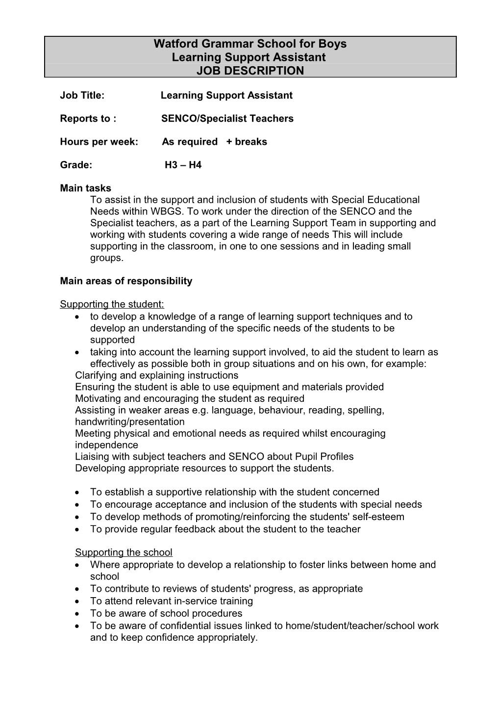 Model Job Descriptions - Teaching Assistants Level E