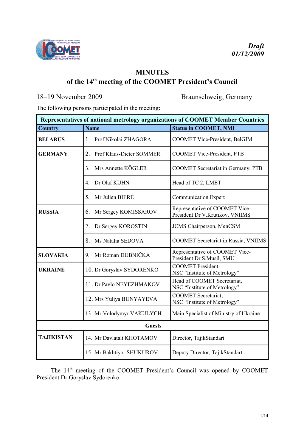 Of the 14Th Meeting of the COOMET President S Council