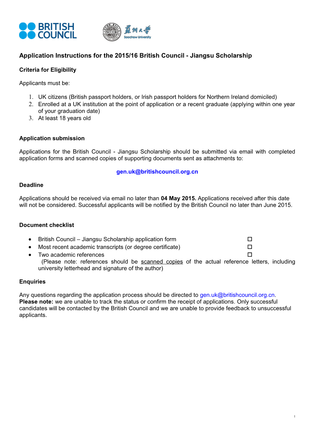 Application Instructions for the 2015/16 British Council - Jiangsu Scholarship