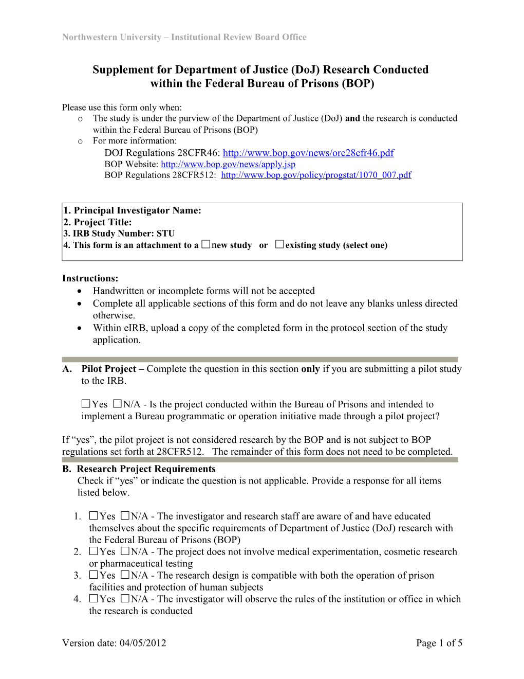 Department of Justice and Bureau of Prisons Checklist