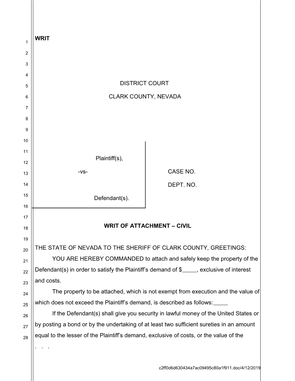 Writ of Attachment Civil