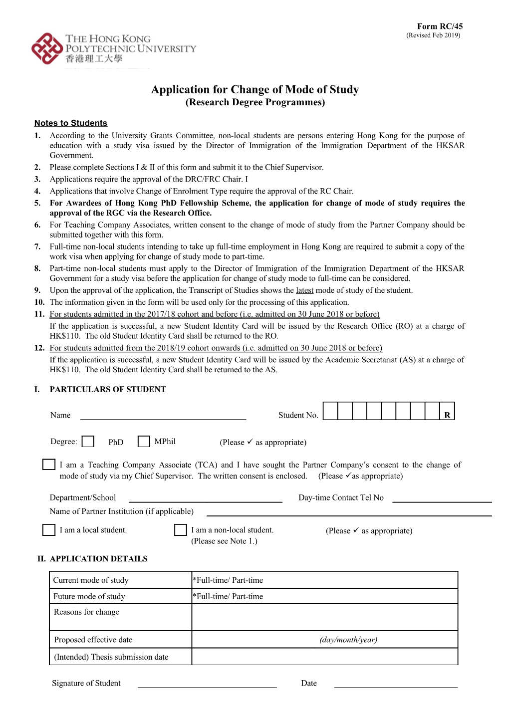 Application for Change of Mode of Study