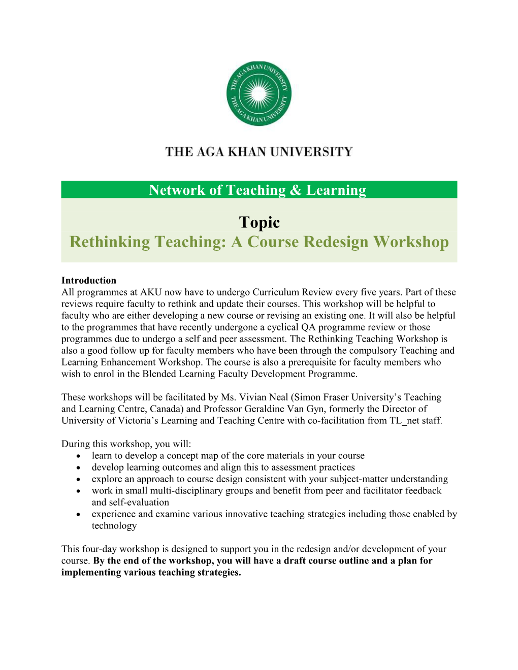 Rethinking Teaching: a Course Redesign Workshop