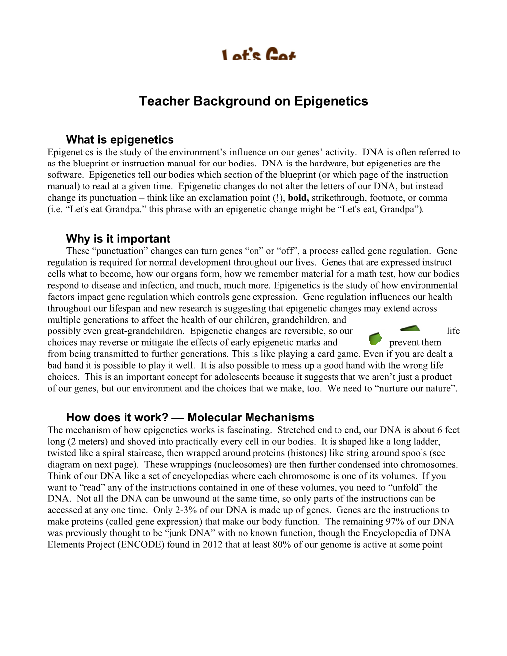 Teacher Background on Epigenetics