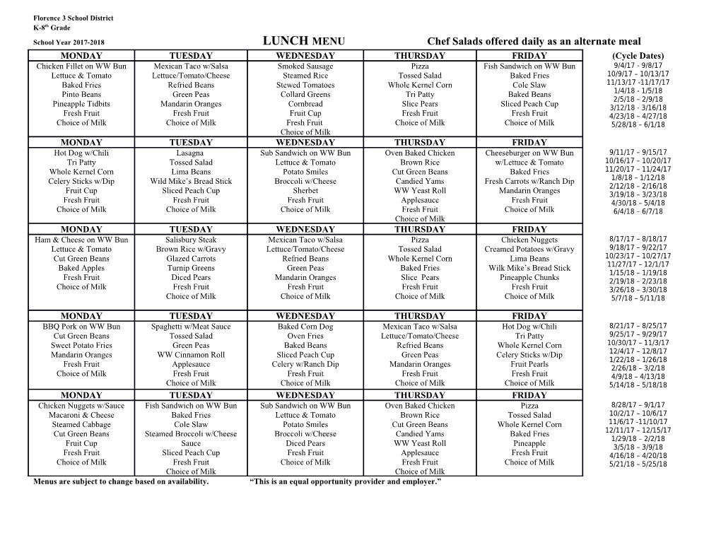 School Year 2017-2018 LUNCH MENU Chef Salads Offered Daily As an Alternate Meal