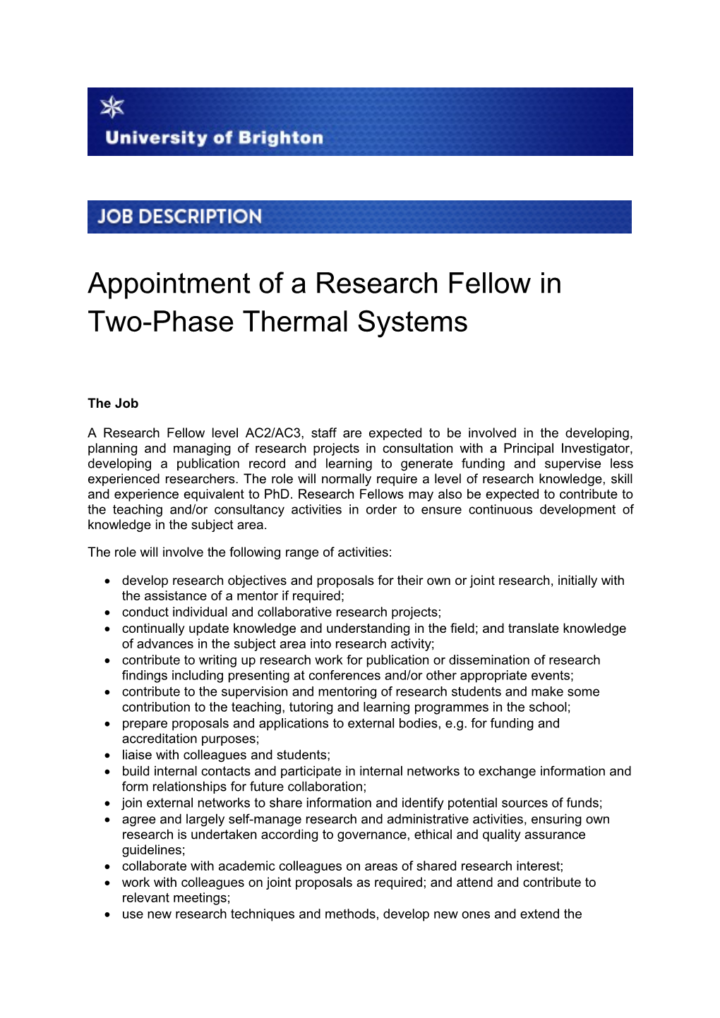 Appointment of a Research Fellow in Two-Phase Thermal Systems