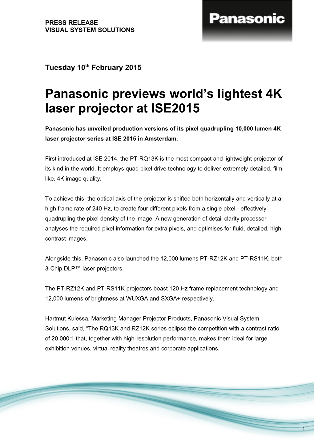 Panasonic Previews World S Lightest 4K Laser Projector at ISE2015