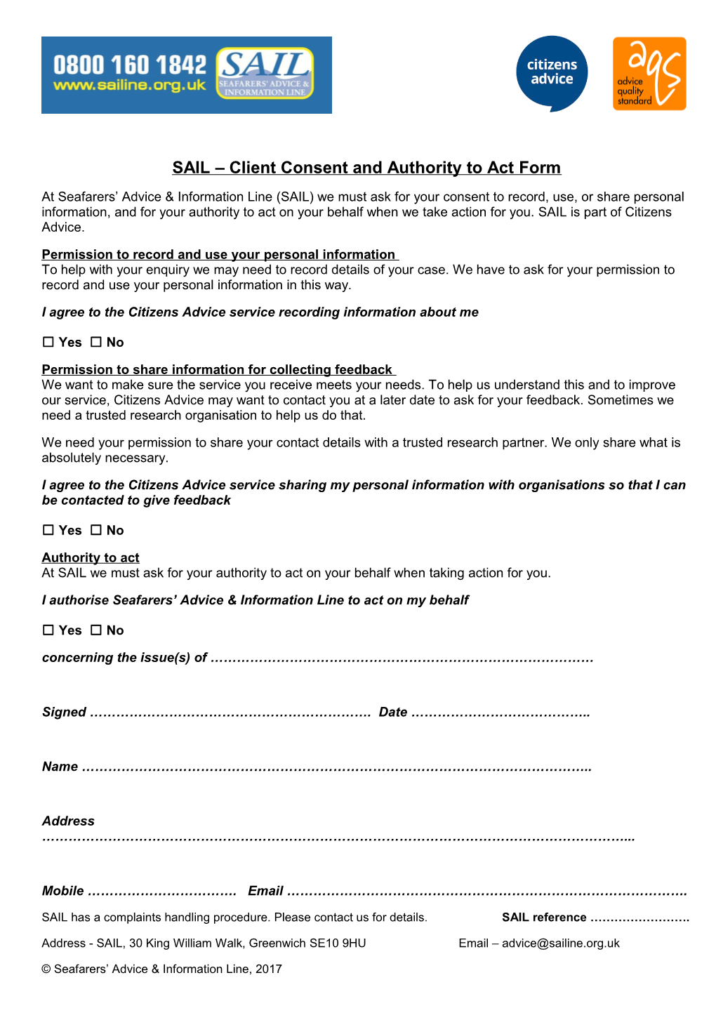 SAIL Client Consent and Authority to Act Form