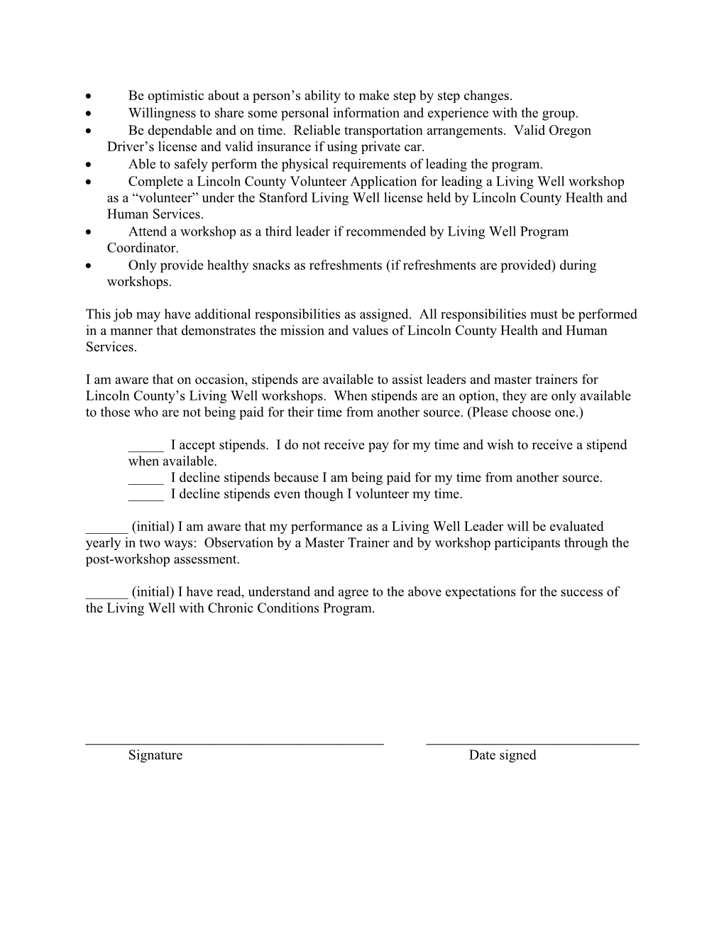 Living Well Leader Agreement - Lincoln County