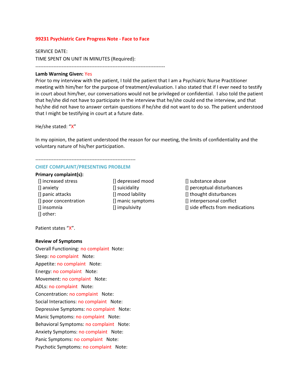 99231 Psychiatric Care Progress Note - Face to Face