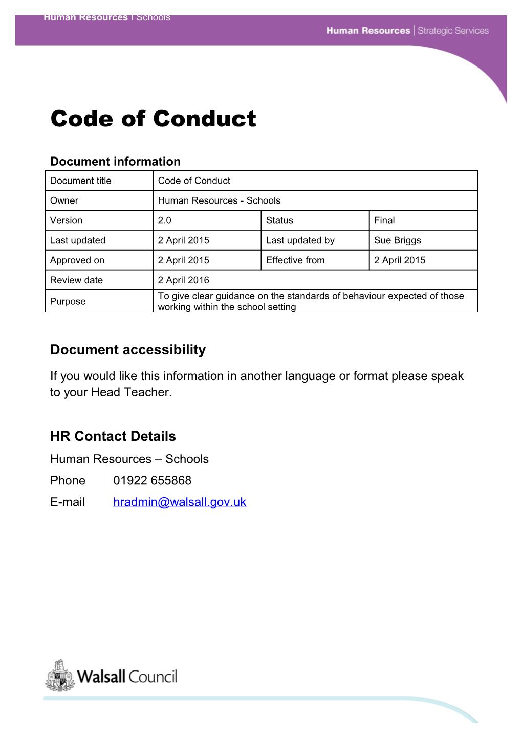 Human Resources Schools Code of Conduct