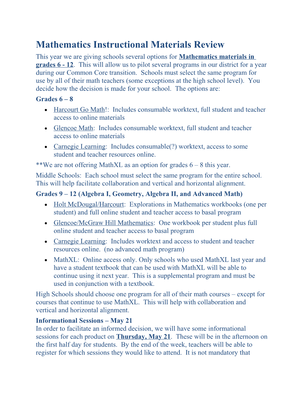 Mathematics Instructional Materials Review