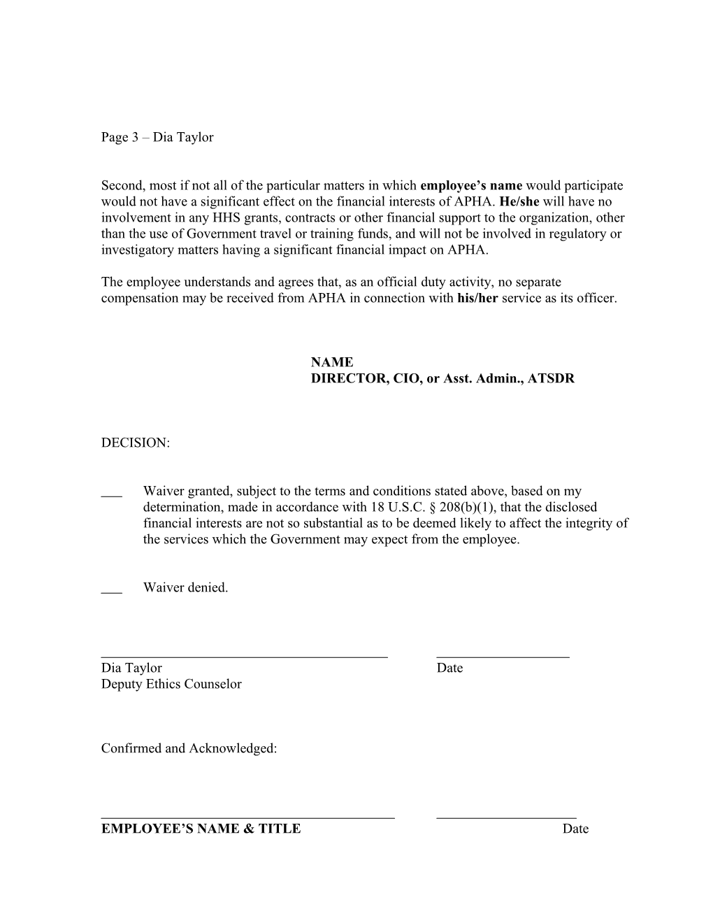 Sample - Request for Conflict of Interest Waiver
