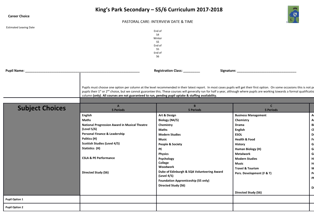 King S Park Secondary S5/6 Curriculum 2017-2018