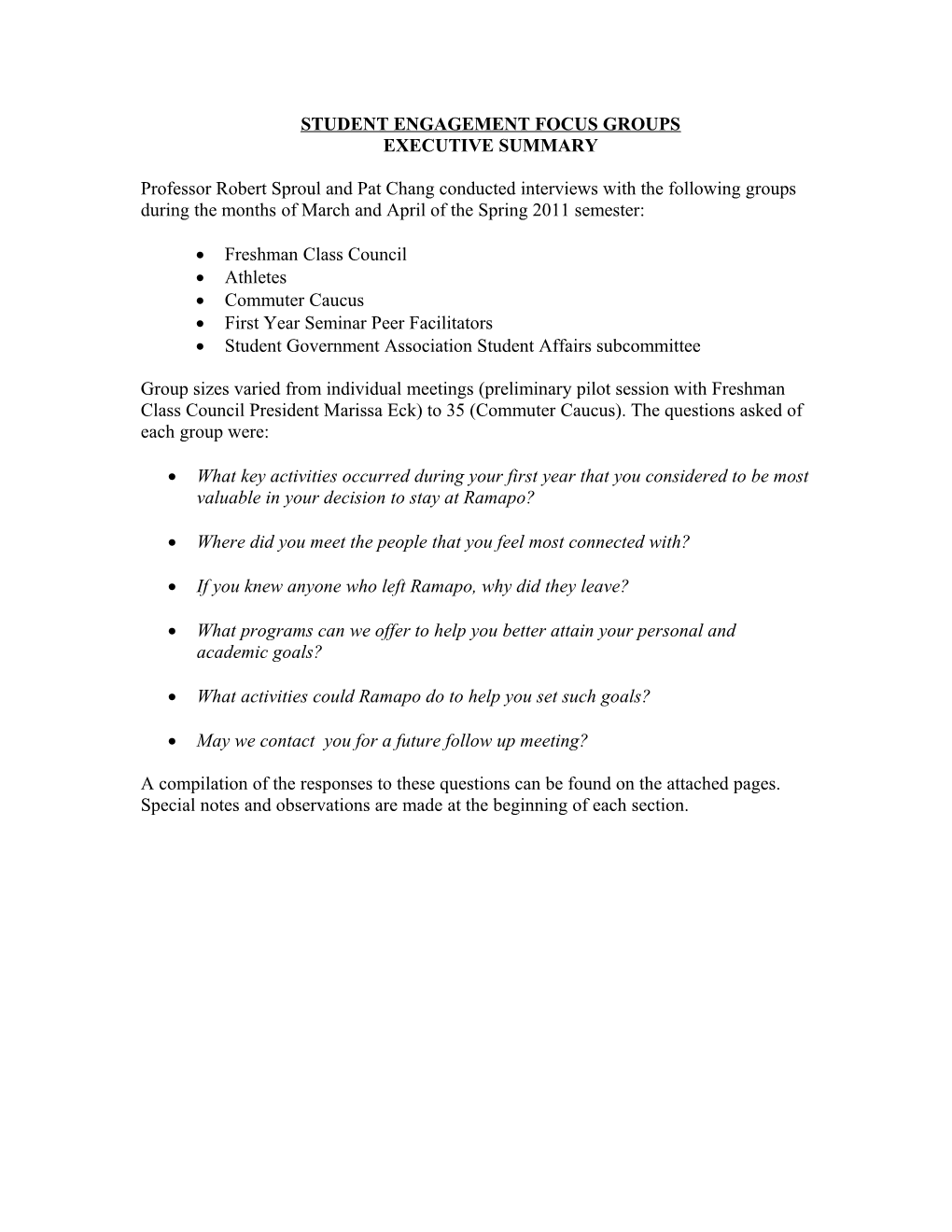 Student Engagement Focus Groups