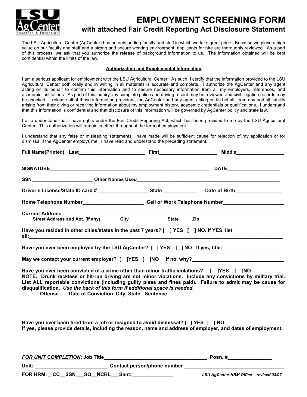 Employment Screening Form