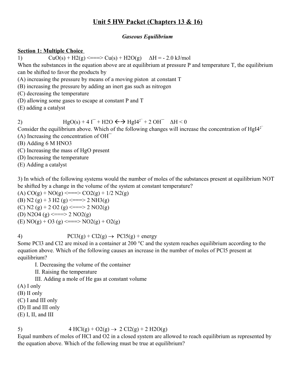 Unit 5 HW Packet (Chapters 13 & 16)