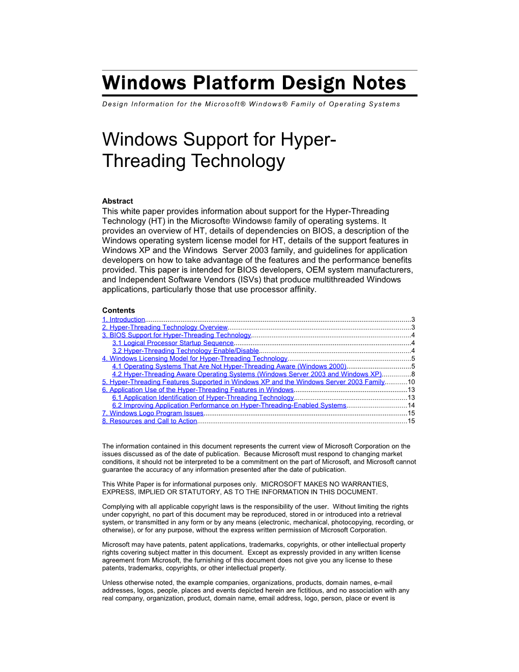 Windows Support for Hyper-Threading Technology