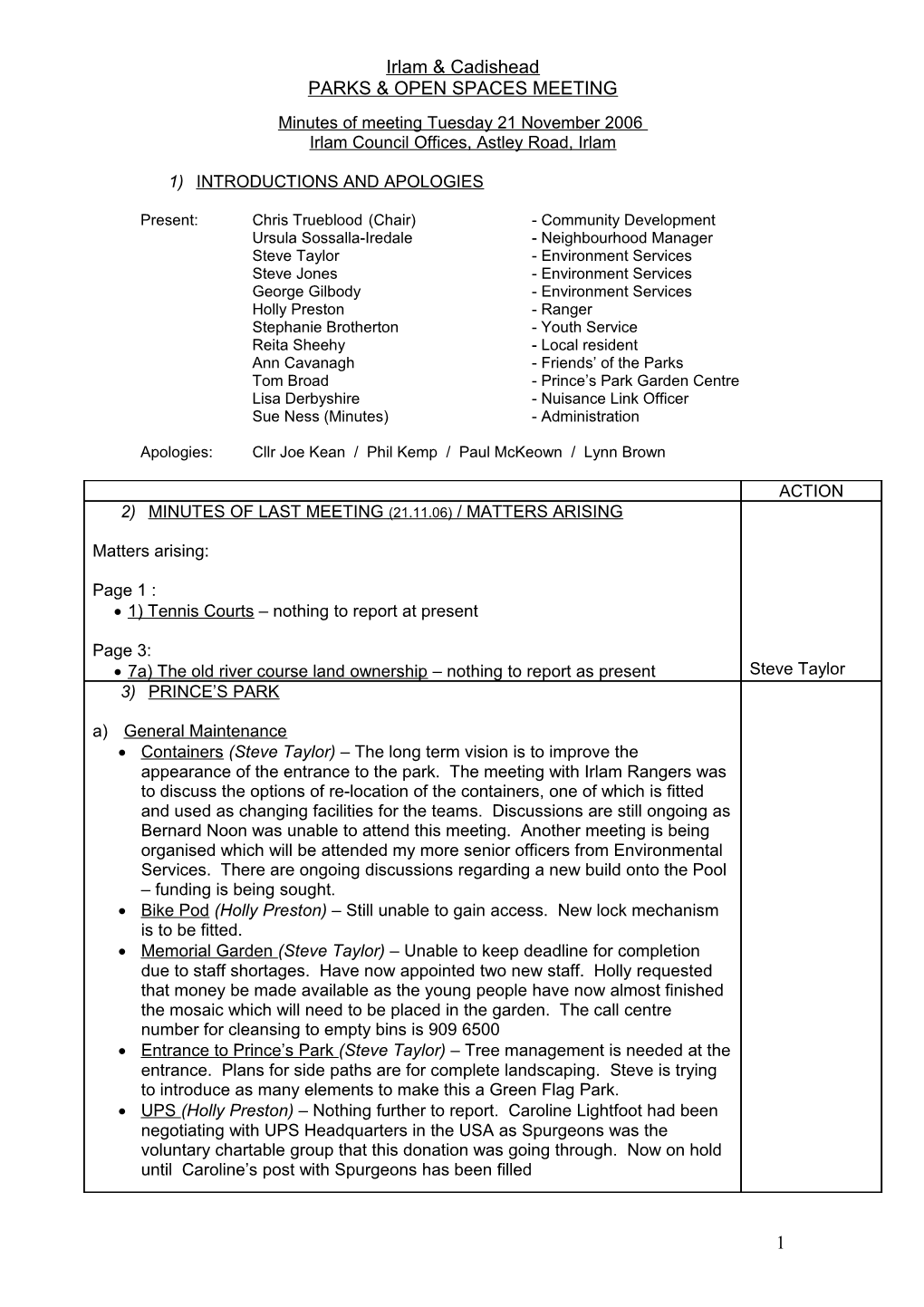 Minutes of Meeting Tuesday 21 November 2006