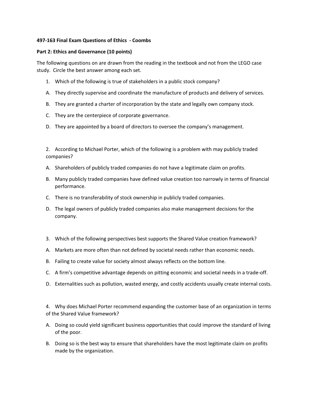 497-163 Final Exam Questions of Ethics - Coombs