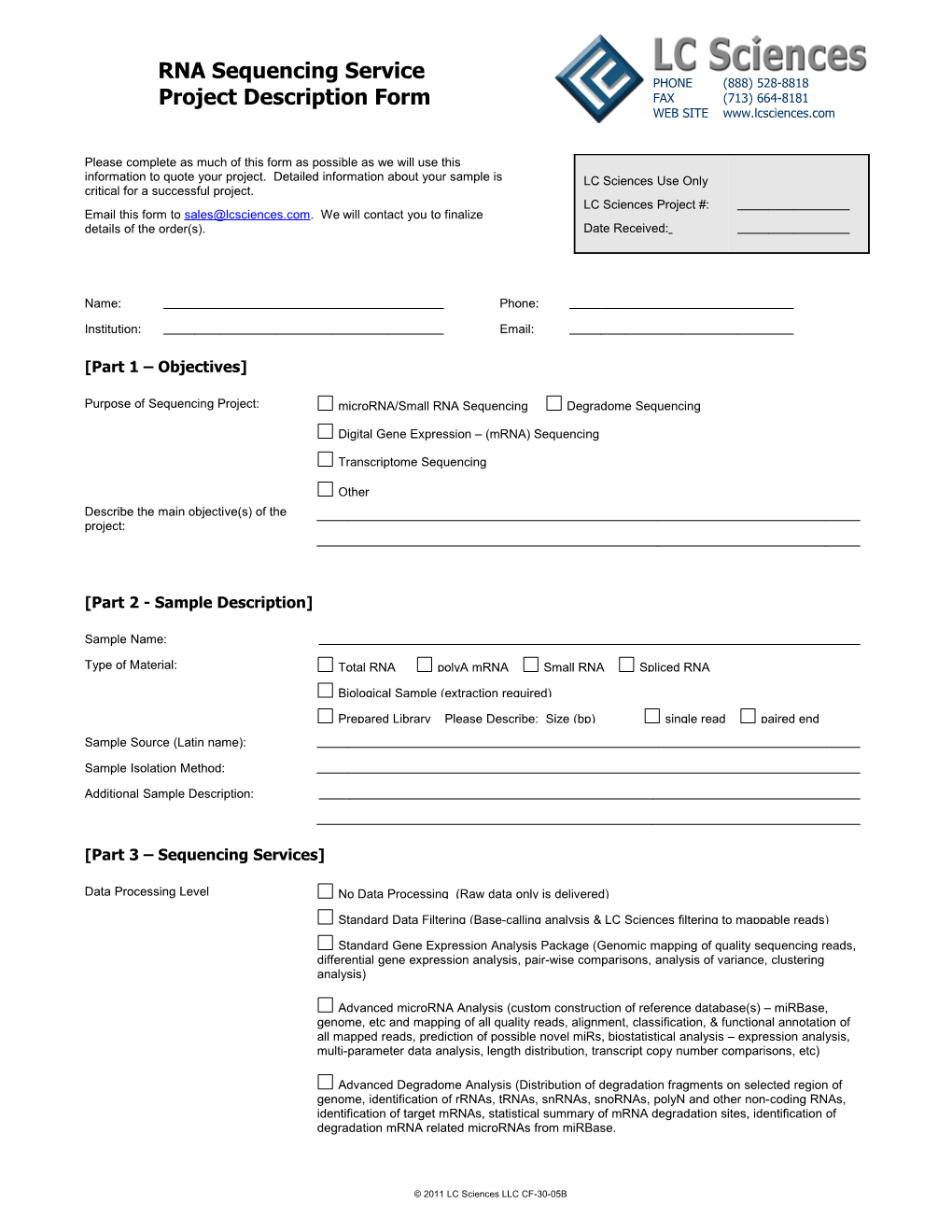 LC Sciences - DNA/RNA Aptamer Microarray Service Project Description Form