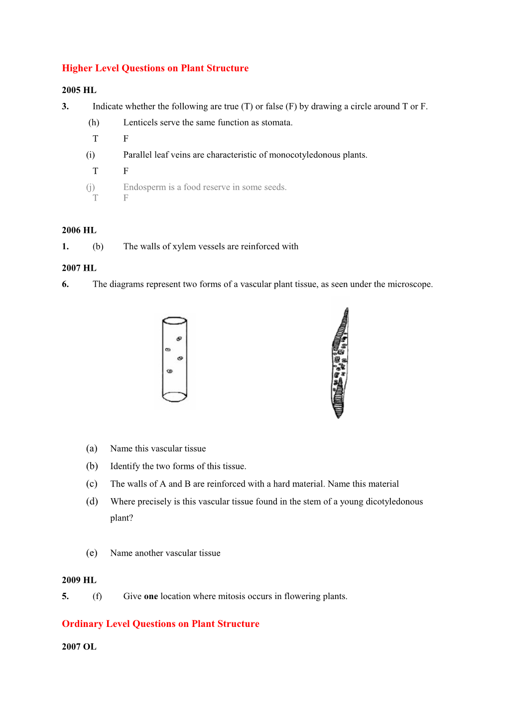 Higher Level Questions on Plant Structure