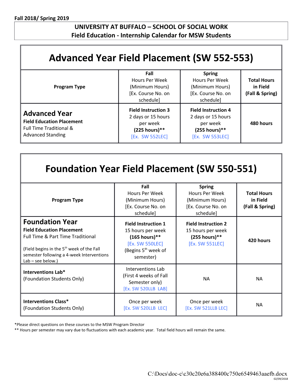 Field Education - Internshipcalendar for Mswstudents