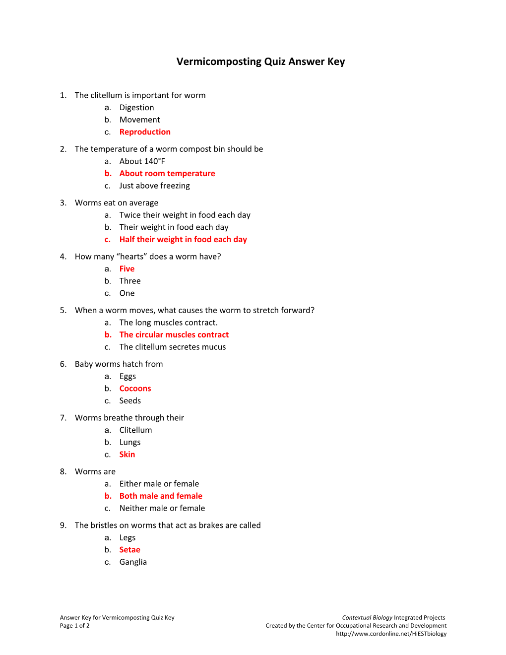 Vermicomposting Quiz Answer Key