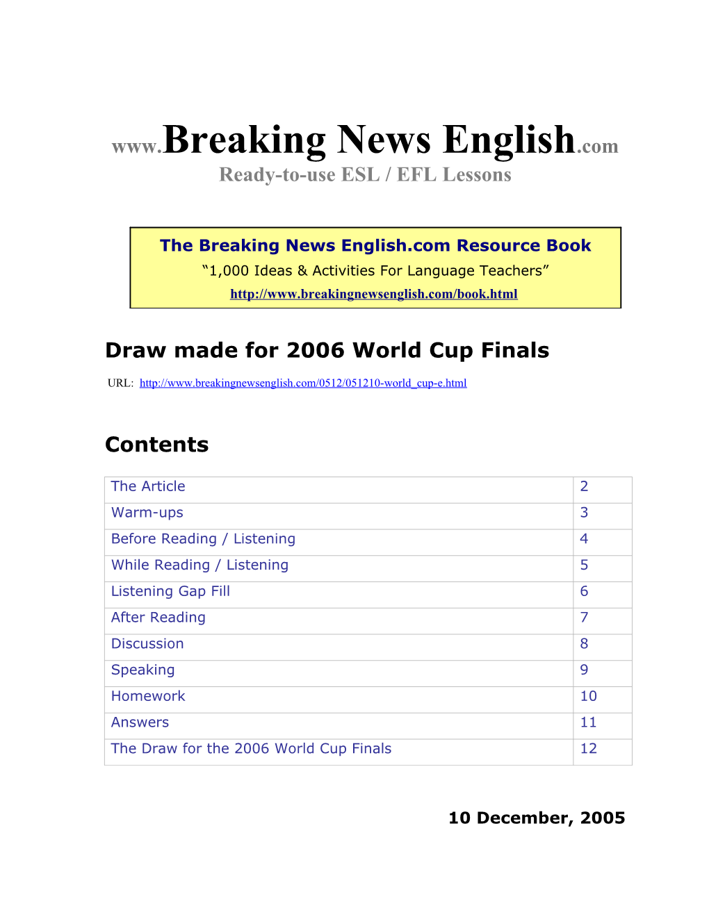 Draw Made for 2006 World Cup Finals