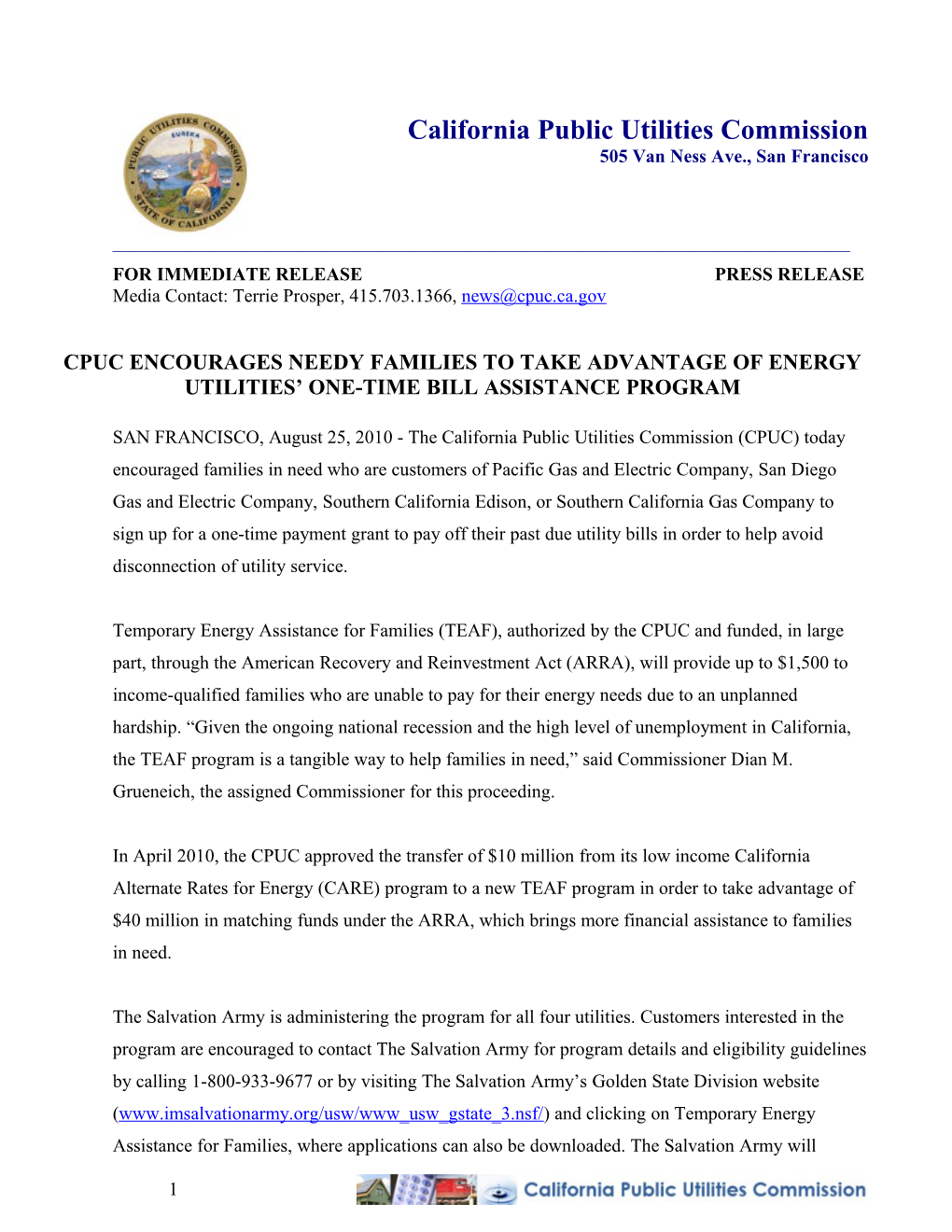 Cpuc Encourages Needy Families to Take Advantage of Energy Utilities One-Time Bill Assistance