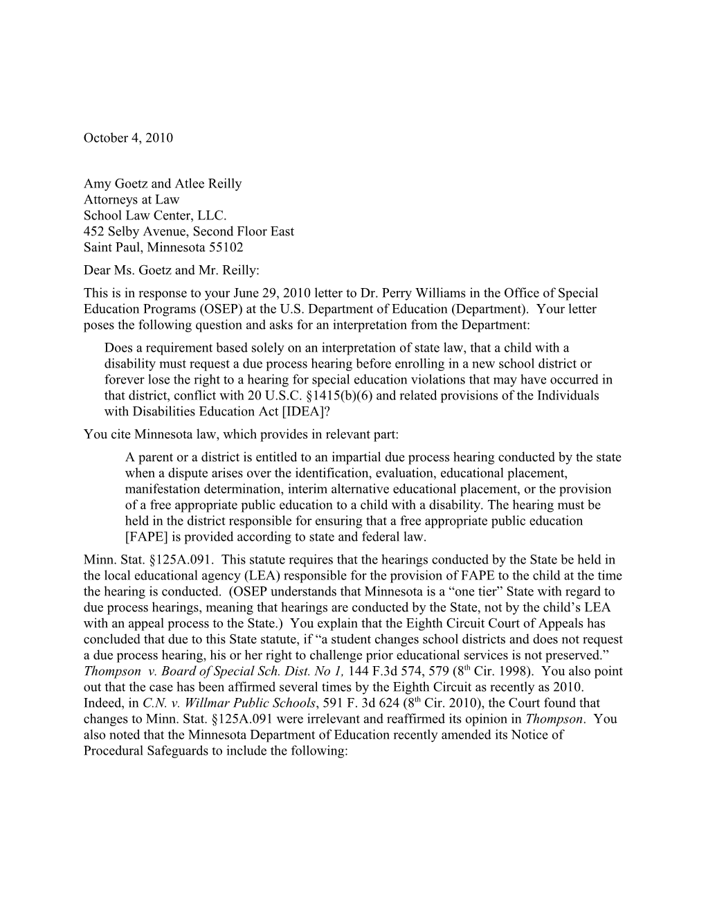 Goetz Reilly Letter Dated 10/04/10 Re: Impartial Due Process Hearings (Ms Word)